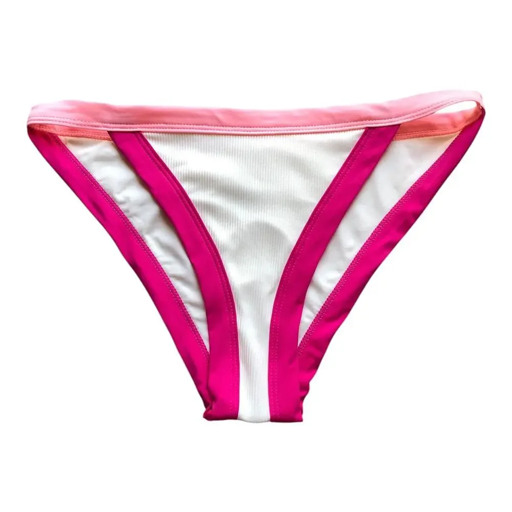 L Space Vacay White Pink Ribbed Bikini Bottom Stretch Women's Size Small NWOT